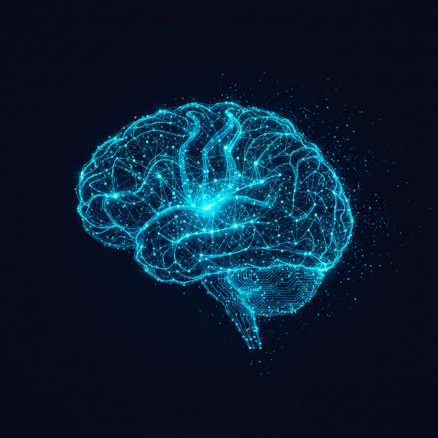 A brain drawn entirely as an artificial neural network: glowing nodes joined by weighted connections, bright through the core and dissolving into particles at the edge, with the lower half resolving into circuitry.