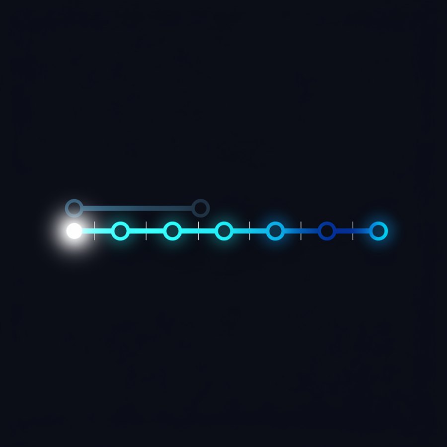 Two paths leaving one origin: a short one that stops at a single node, and a long one that continues brightening through stage after stage.